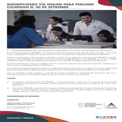 Inscripciones vía online para PERUMIN 32 culminan el 20 de setiembre