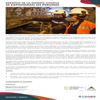 Desafíos de la minería chilena se expondrán en PERUMIN