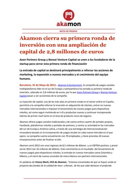 NdP_Akamon cierra su primera ronda de inversión con una ampliación de capital de 2,8 millones de euros_