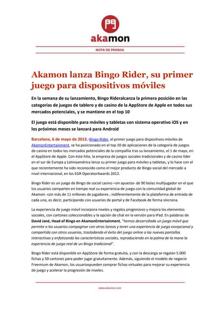 NDP_Akamon lanza Bingo Rider, su primer juego para dispositivos móviles