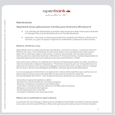 Openbank lanza aplicaciones móviles para Android y Windows 8
