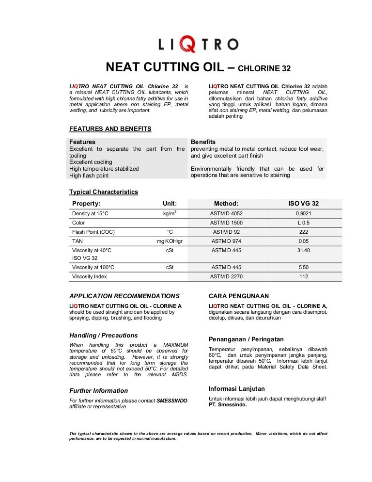 Neat Cutting Oil chlorine ISO VG 32 (Product Data Sheet)
