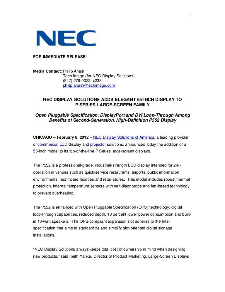 Nec display solutions adds elegant 55 
