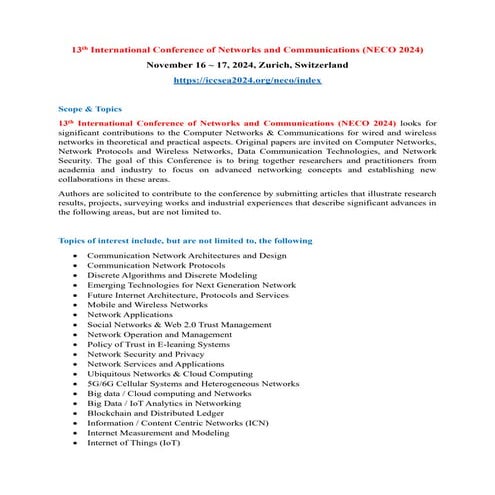 13th International Conference of Networks and Communications (NECO 2024)