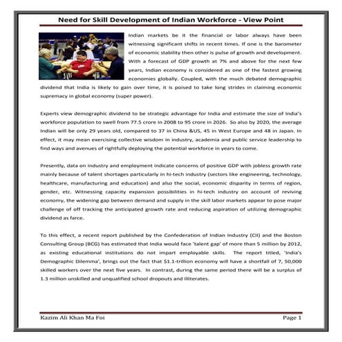 Need for Skill development - Kazim Ali Khan Ma Foi