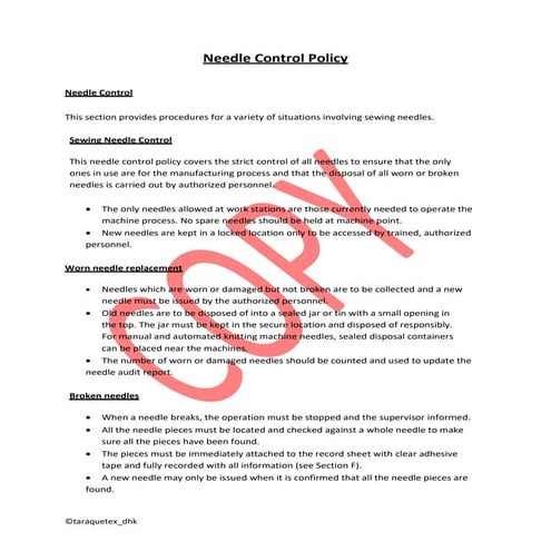 Needle Control Policy in Apparel Industry