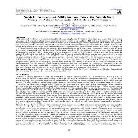 Needs for achievement, affiliation, and power the possible sales manager’s ac...