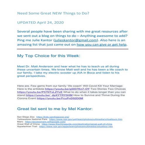 THE  BIG LIST- Great Things to Do During COVID-19 (Updated April 24, 2020)