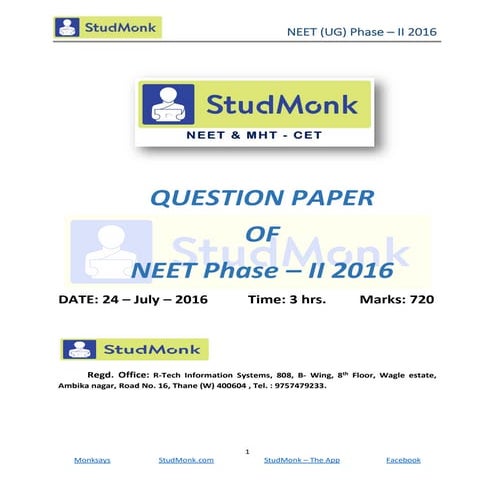 NEET Previous Year Question Paper | NEET 2016 Phase 2