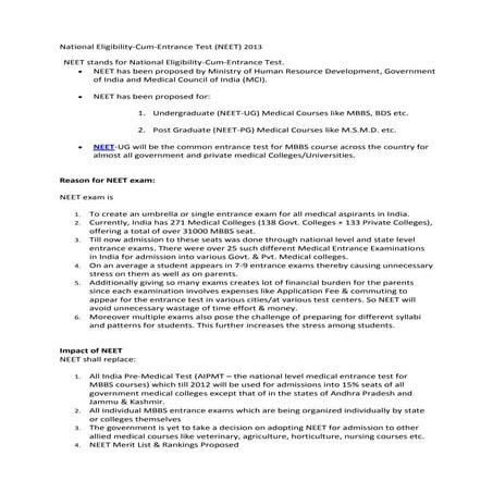 Neet 2013 exams for undergraduate mbbs medical