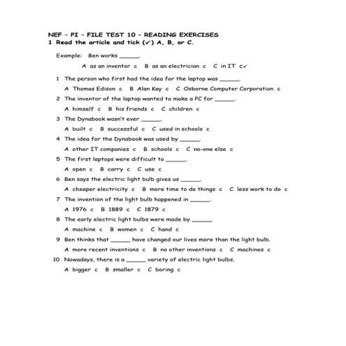 NEF – PI – FILE TEST 10 – READING EXERCISES