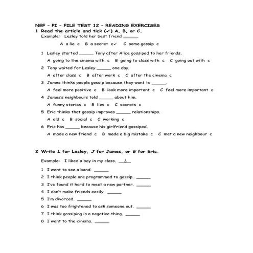 NEF – PI – FILE TEST 12 – READING EXERCISES 