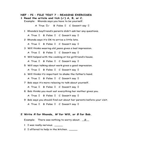 NEF – PI – FILE TEST 7 – READING EXERCISES