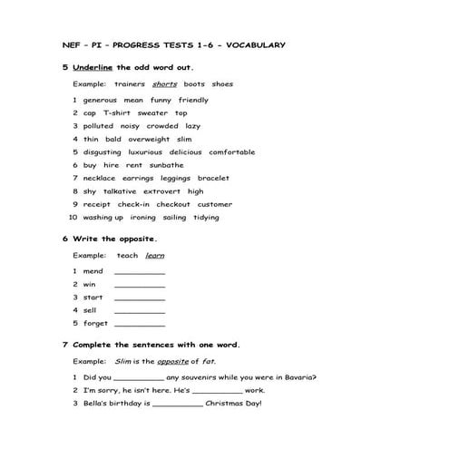NEF – PI – PROGRESS TESTS 1-6 - VOCABULARY