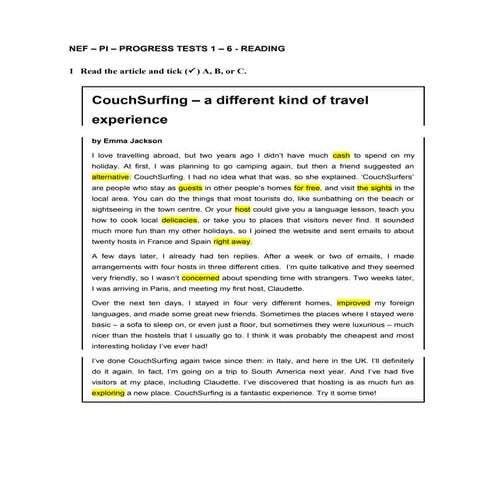 NEF – PI – PROGRESS TESTS 1 – 6 - READING