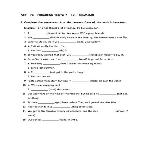 NEF – PI – PROGRESS TESTS 7 – 12 - GRAMMAR