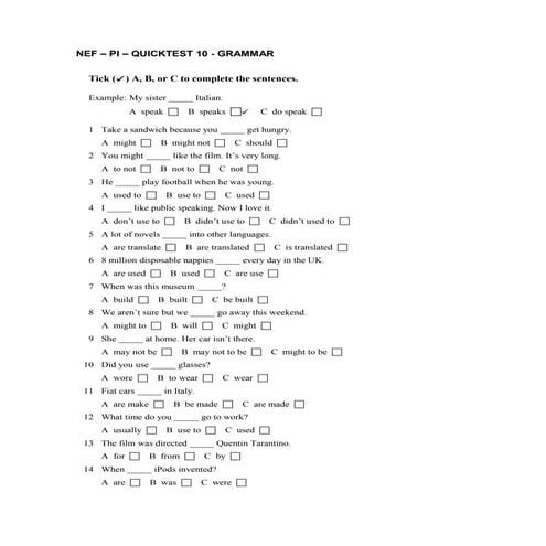 NEF – PI – QUICKTEST 10 - GRAMMAR