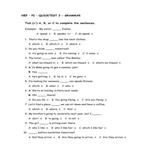 NEF – PI – QUICKTEST 3 - GRAMMAR