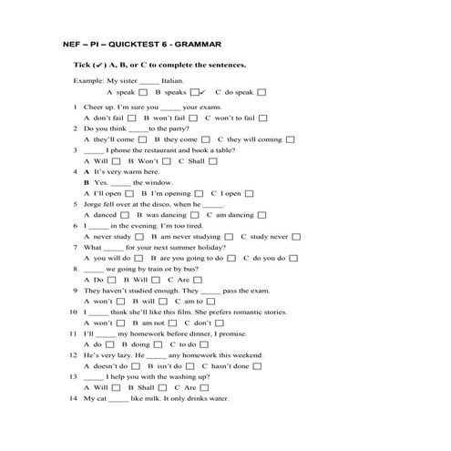NEF – PI – QUICKTEST 6 - GRAMMAR