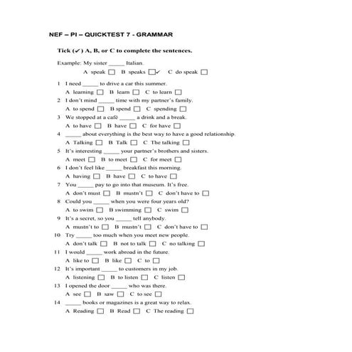 NEF – PI – QUICKTEST 7 - GRAMMAR