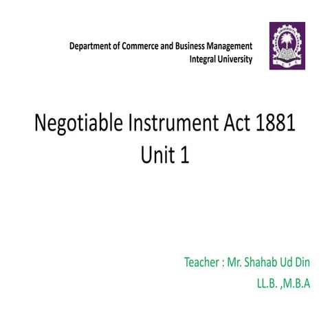 Negotiable Instrument Act 1881  by  shahab ud din