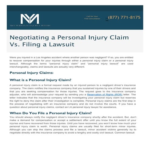 Negotiating a Personal Injury Claim Vs. Filing a Lawsuit | PDF