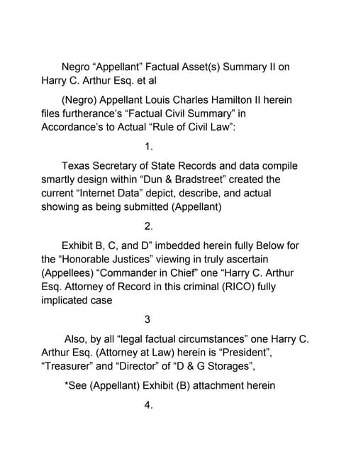 Negro plaintiff factual asset summary ii on harry c. arthur esq. et al