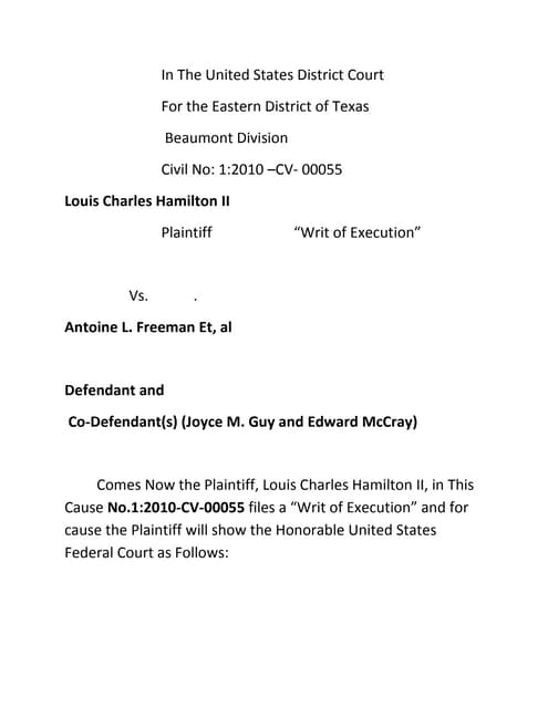 Plaintiff Louis Charles Hamilton II Writ of Execution