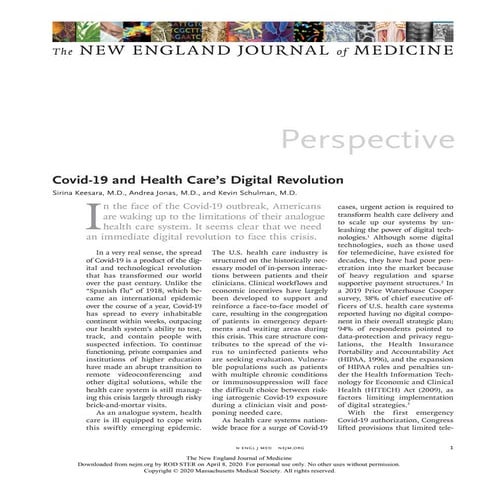 Covid -19 and Health Care's Digital Revolution