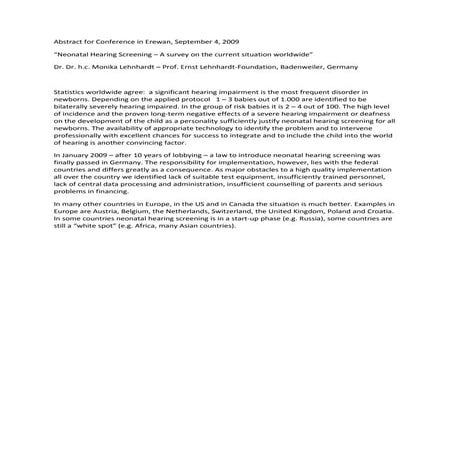 Neonatal Hearing Screening. Erewan, September 2009