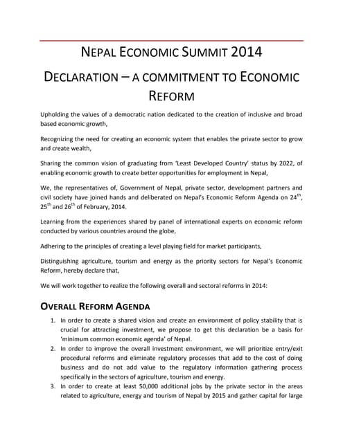Nepal Economic Summit 2014 Declaration