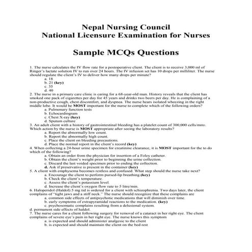 Nepal nursing council licencing exam mcqs sample
