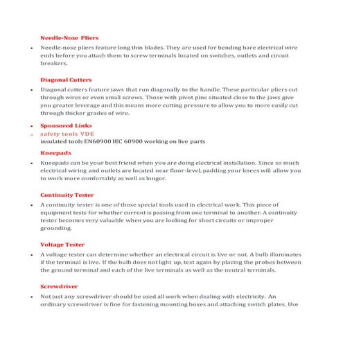 Tool And Materials with their Uses for ELECTRICITY