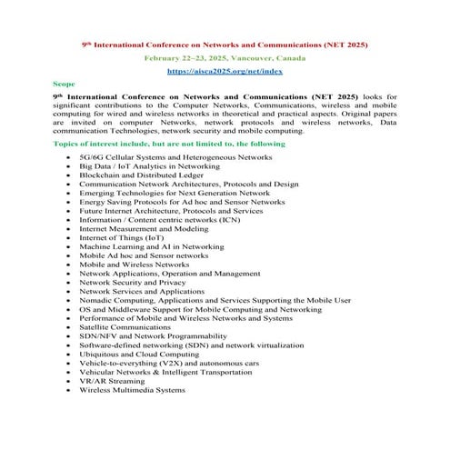 10th International Conference on Networks and Communications (NET 2026 ...