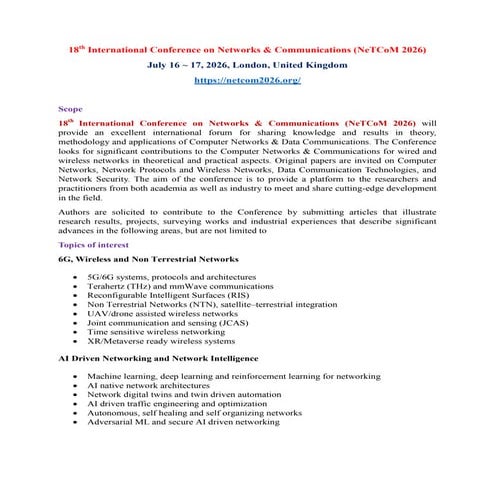 18th International Conference on Networks & Communications (NeTCoM 2026 ...