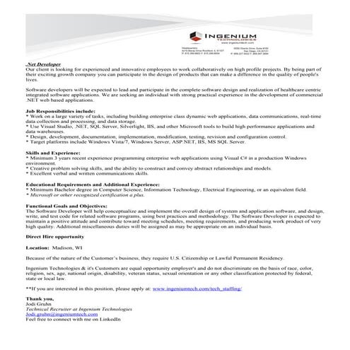 .Net (Dot Net) Developer   Madison, Wi