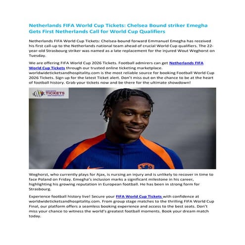 Netherlands FIFA World Cup Tickets Chelsea Bound striker Emegha Gets First Ne...