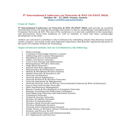Call for Papers - 5th International Conference on Networks & IOT (NeTIOT 2024)