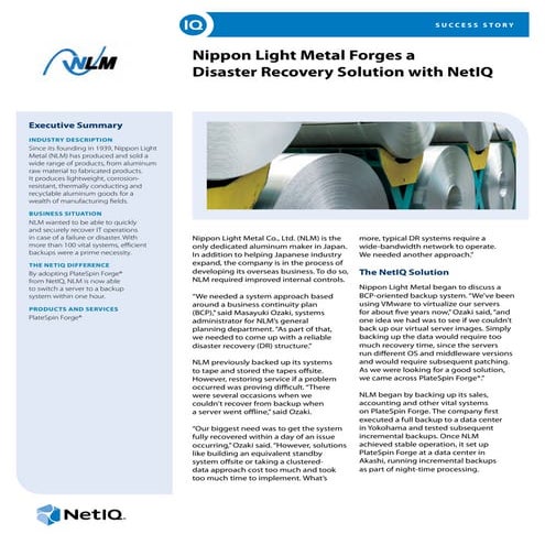 Nippon Light Metal Forges a Disaster Recovery Solution with NetIQ