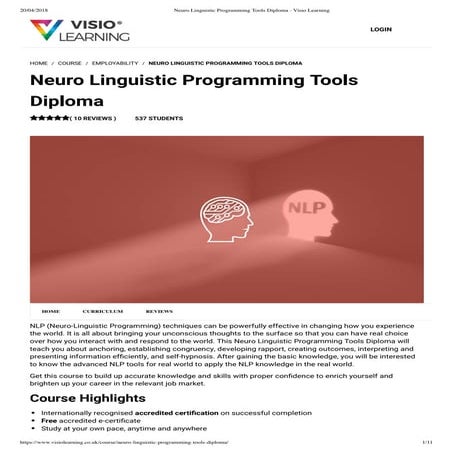 Neuro linguistic programming tools diploma  -Visio Learning