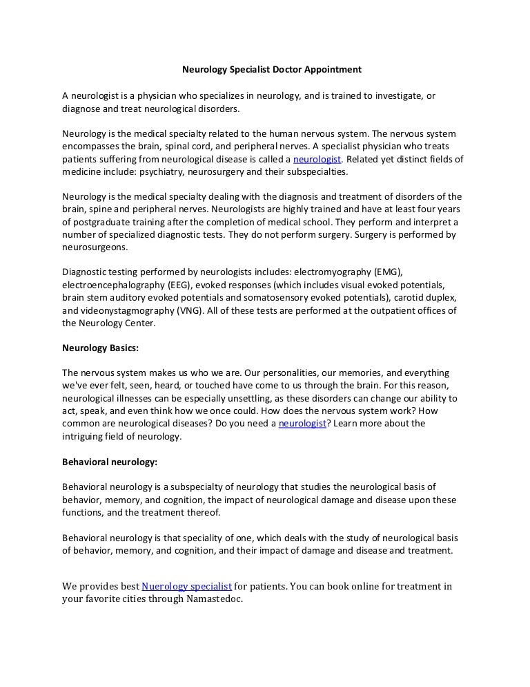 Neurology specialist doctor appointment