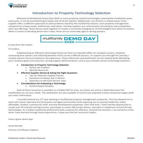 Multifamily Insiders [Demo Day} Introduction to Property Technology Selection
