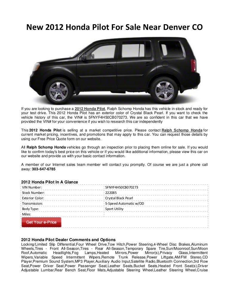Ralph Schomp Honda >> New 2012 Honda Pilot For Sale Near Denver Co Ralph Schomp Honda >> New 2012 Honda Pilot For Sale Near Denver Co