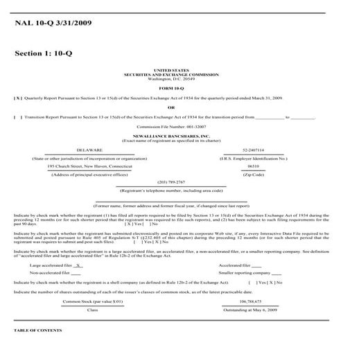 Q1 2009 Earning Report of Newalliance Bancshares