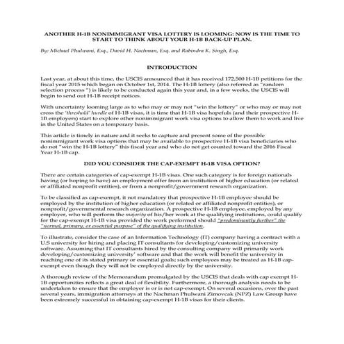 ANOTHER H-1B NONIMMIGRANT VISA LOTTERY IS LOOMING: NOW IS THE TIME TO START T...