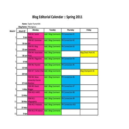 Spring 2011 Blog Editorial Calendar
