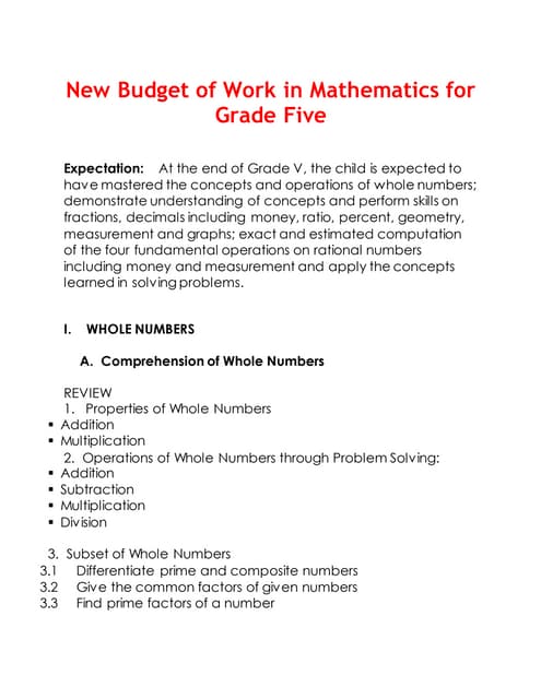 New budget of work in mathematics for grade five