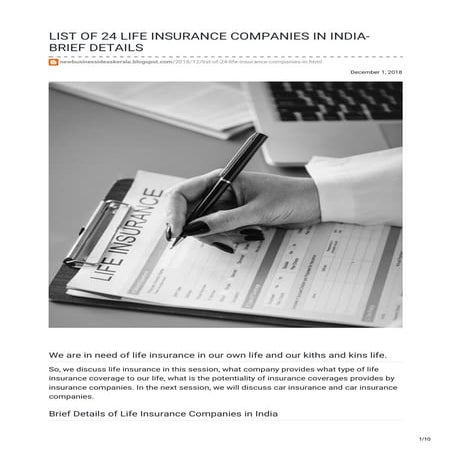 LIST OF 24 LIFE INSURANCE COMPANIES IN INDIA- BRIEF DETAILS