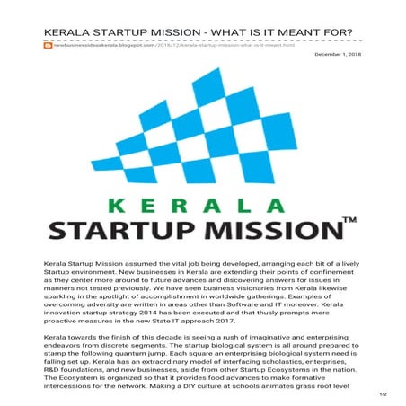 KERALA STARTUP MISSION - WHAT IS IT MEANT FOR? | PDF