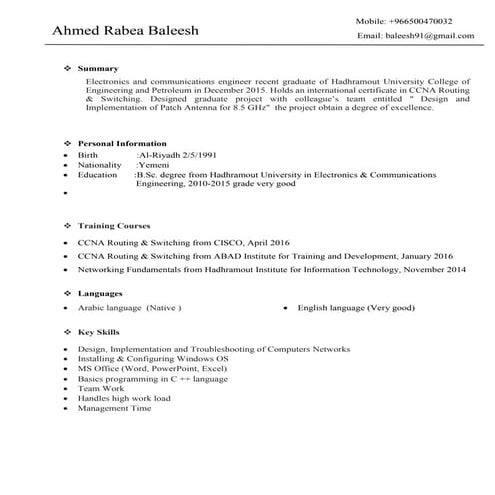 CV electronics and communications engineer + network associate | PDF